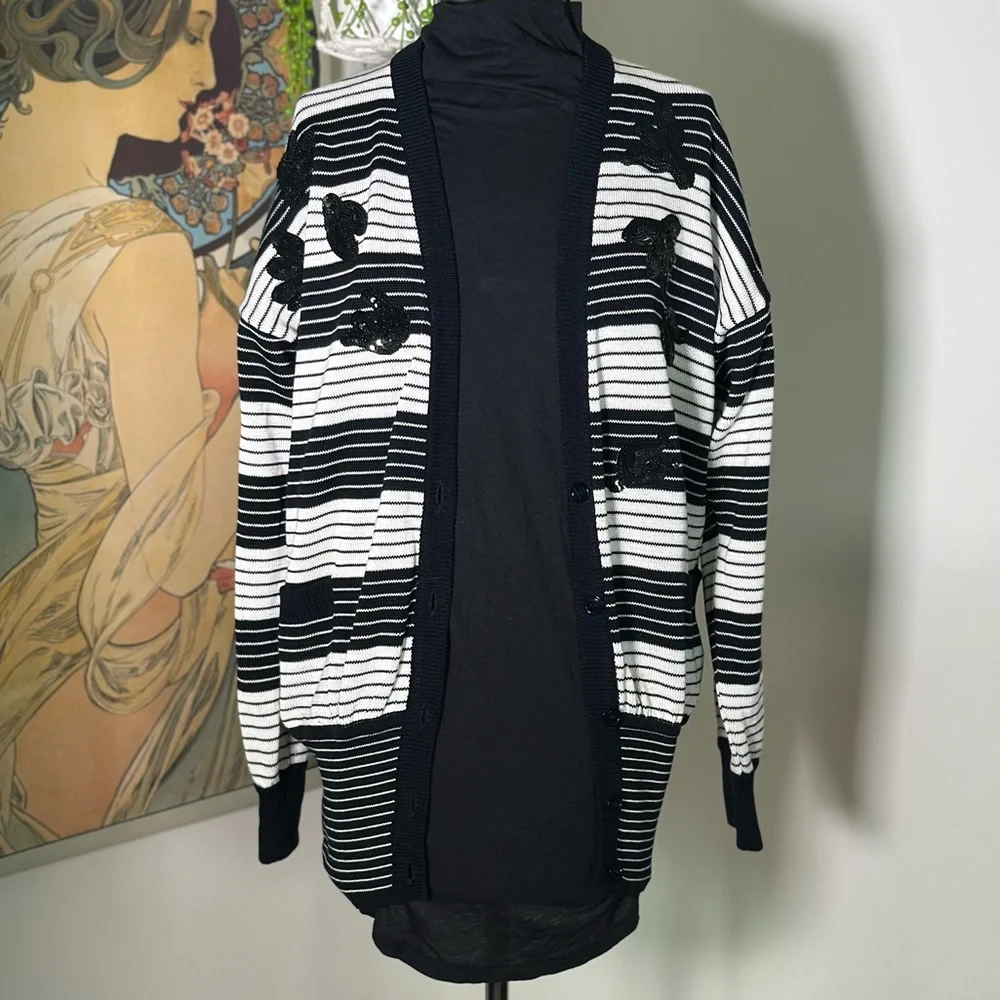 Vintage Escada Margaretha Ley Cardigan 38 US 8 Black Off‎ White Striped Sequin